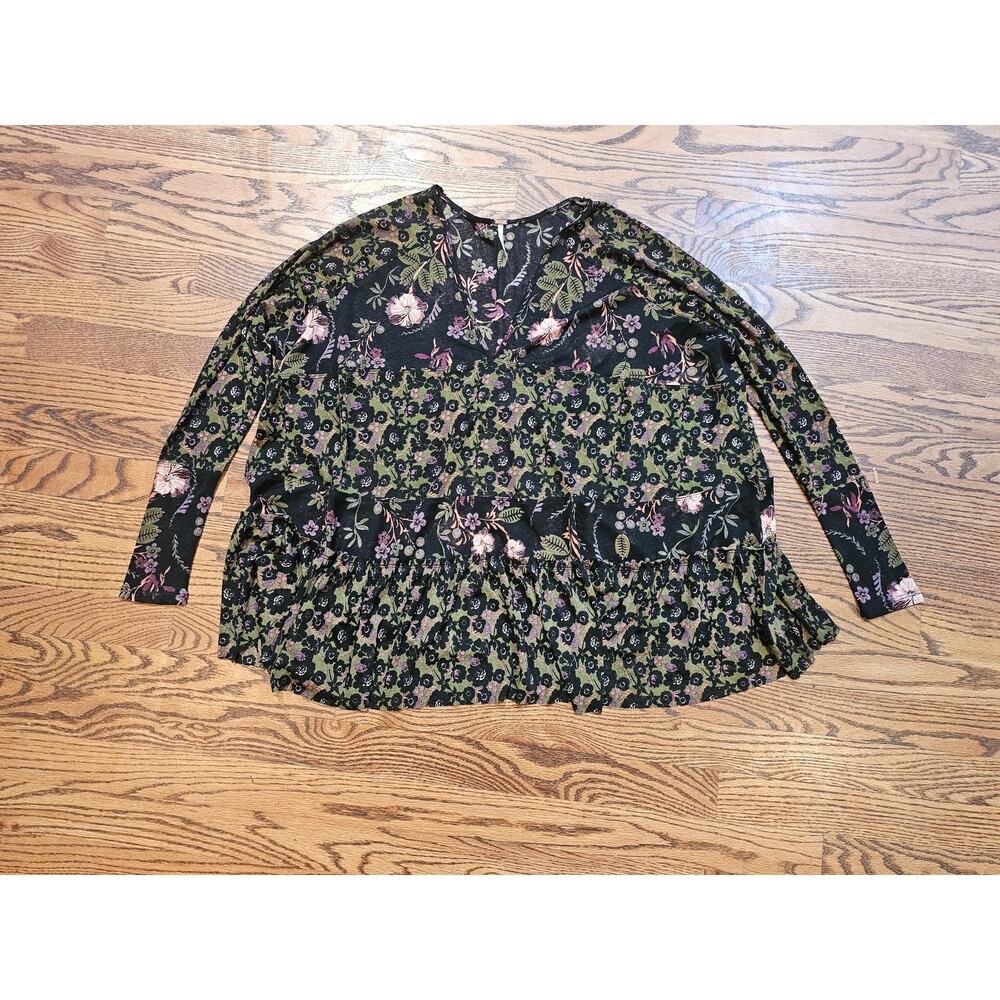 Free People Boho Floral Babydoll Tunic Top Black Pink XS Long Sleeve V Neck - Picture 4 of 6